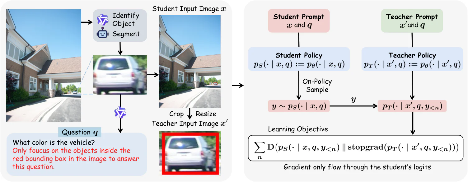 Figure 3：Figure 4: Overview of Vision-OPD. Left: Fine-grained visual questions are generated on evidence-centered crops