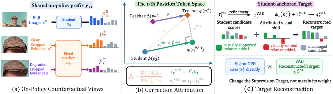 Figure 2：Figure 2 : Overview of VAD. (a) On-policy counterfactual views. Given the same student-generated prefix, the f